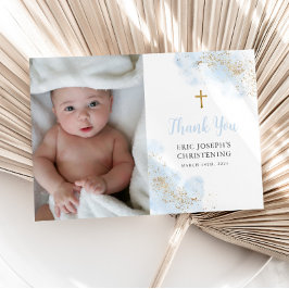 Blue Waterverf Gold Boy Christening Baptism Foto Bedankkaart