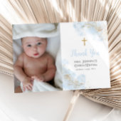 Blue Waterverf Gold Boy Christening Baptism Foto Bedankkaart