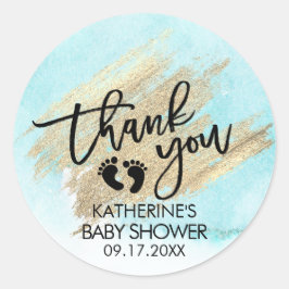 Blue Waterverf Gold Brush Stroke Baby shower Ronde Sticker