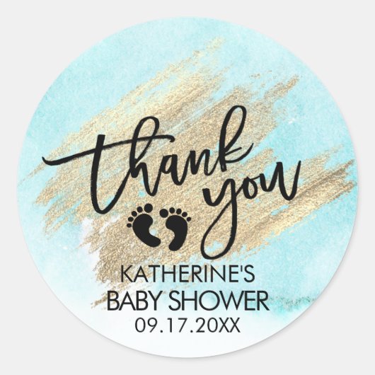 Blue Waterverf Gold Brush Stroke Baby shower Ronde Sticker (Voorkant)