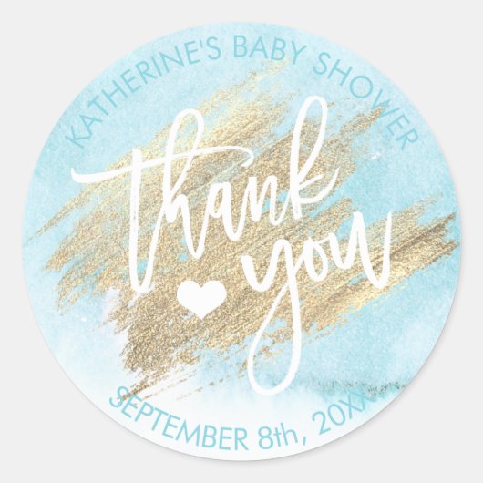 Blue Waterverf Gold Brush Stroke Baby shower Ronde Sticker (Voorkant)