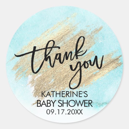 Blue Waterverf Gold Brush Stroke Baby shower Ronde Sticker (Voorkant)