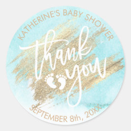 Blue Waterverf Gold Brush Stroke Baby shower Ronde Sticker