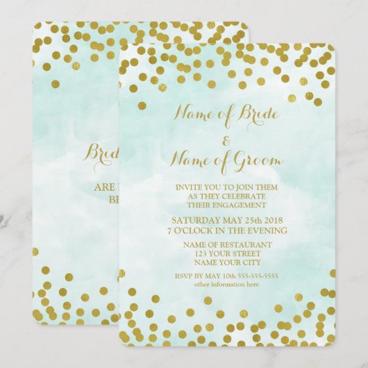 Blue Waterverf Gold Confetti Engagement Party Kaart (Voorkant / Achterkant)