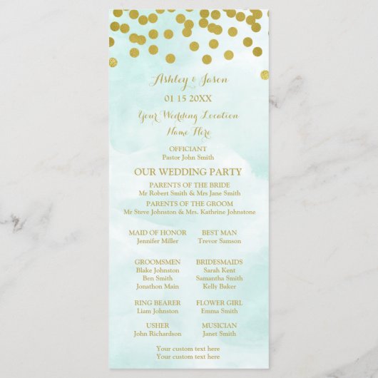 Blue Waterverf Gold Confetti Wedding Programma Programmakaart (Achterkant)