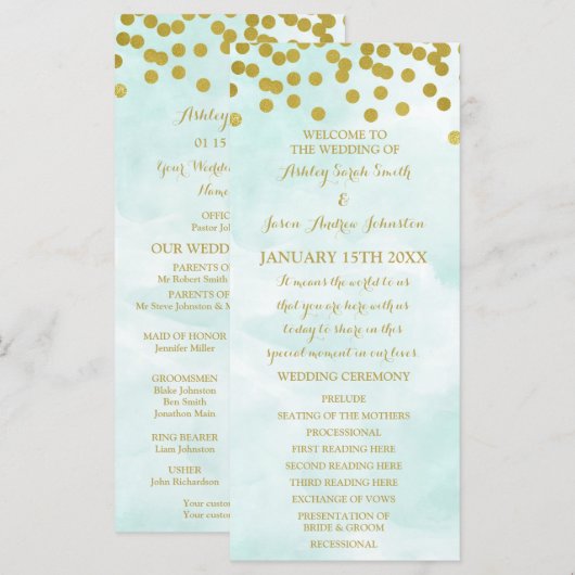 Blue Waterverf Gold Confetti Wedding Programma Programmakaart (Voorkant / Achterkant)