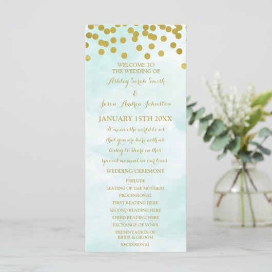 Blue Waterverf Gold Confetti Wedding Programma Programmakaart (Staand voorkant)