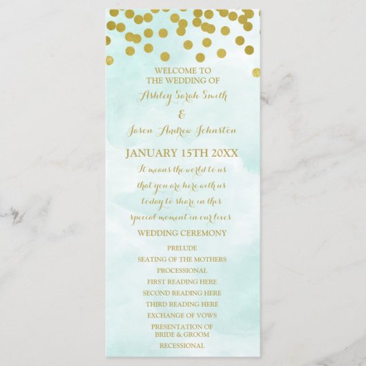 Blue Waterverf Gold Confetti Wedding Programma Programmakaart (Voorkant)