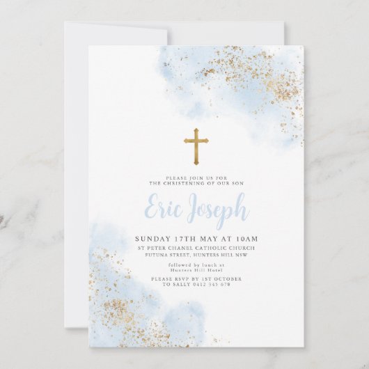 Blue Waterverf Gold Cross Boy Christening Baptisme Kaart (Voorkant)