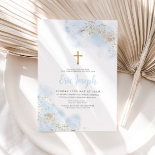 Blue Waterverf Gold Cross Boy Christening Baptisme Kaart