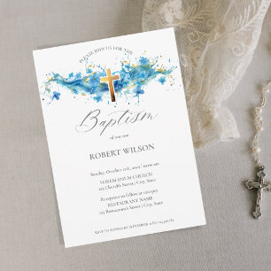 Blue Waterverf Gold Cross Boy Christening Baptisme Kaart