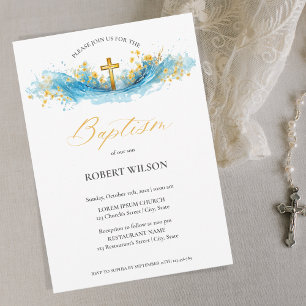 Blue Waterverf Gold Cross Boy Christening Baptisme Kaart