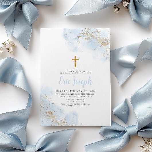 Blue Waterverf Gold Cross Boy Christening Baptisme Kaart