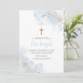 Blue Waterverf Gold Cross Boy Christening Baptisme Kaart (Staand voorkant)