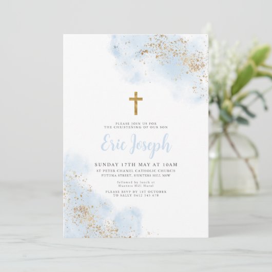 Blue Waterverf Gold Cross Boy Christening Baptisme Kaart (Staand voorkant)