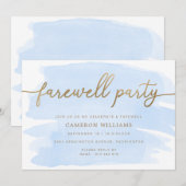 Blue Waterverf Gold Farewell Party Invitation Kaart (Voorkant / Achterkant)