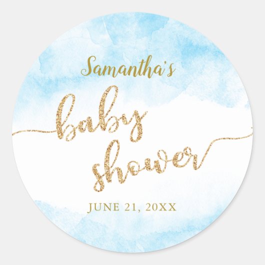 Blue Waterverf Gold Glitter Boy Baby shower Ronde Sticker (Voorkant)