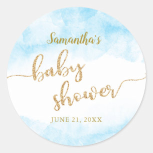 Blue Waterverf Gold Glitter Boy Baby shower Ronde Sticker