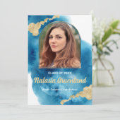 Blue Waterverf Gold Photo Afstuderen Aankondiging (Staand voorkant)