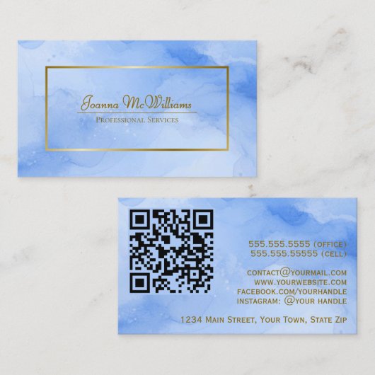 Blue Waterverf & Gold Professional QR-code Visitekaartje (Voorkant / Achterkant)