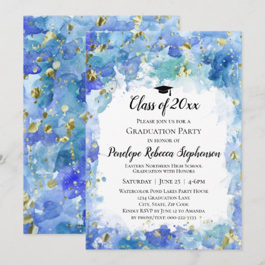 Blue Waterverf Gold Splatter Graduter Party Kaart (Voorkant / Achterkant)