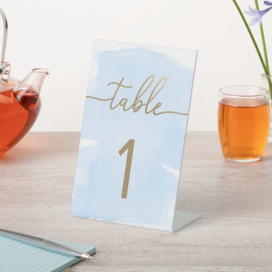Blue Waterverf Gold Table Number Reclamebord Met Voetstuk (Insitu)