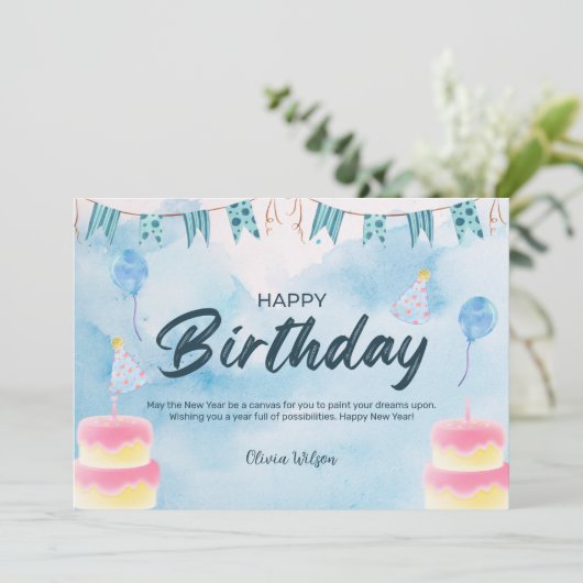 Blue Waterverf Happy Birthday Kaart (Staand voorkant)