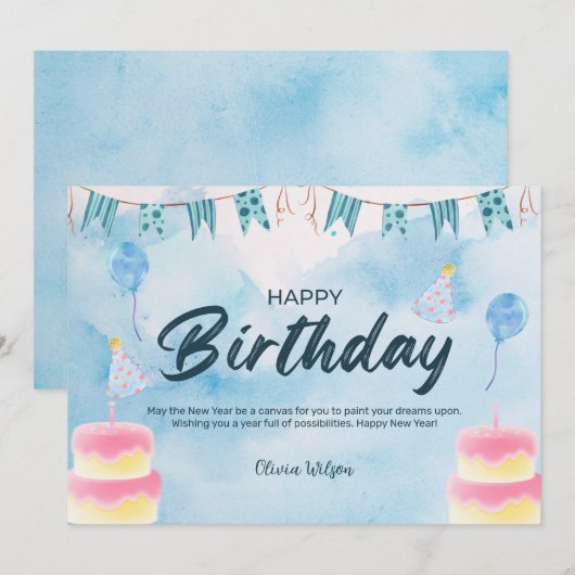 Blue Waterverf Happy Birthday Kaart (Voorkant / Achterkant)