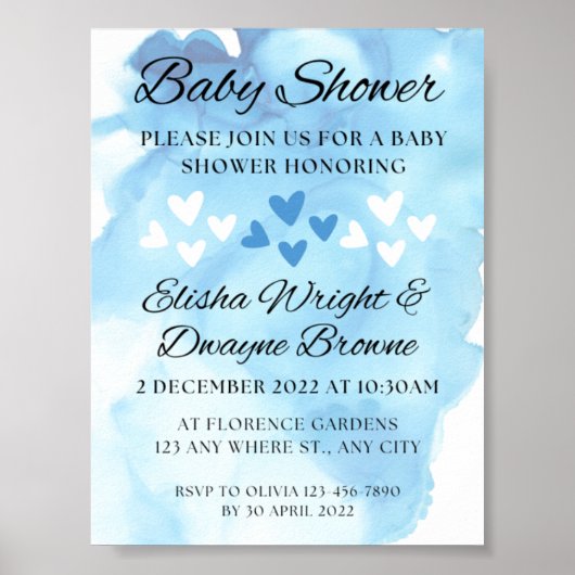 Blue Waterverf Heart Baby shower Briefkaart Poster (Voorkant)
