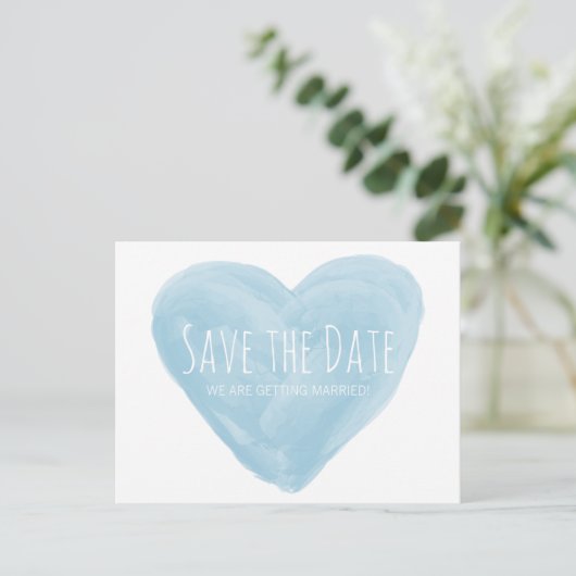 Blue Waterverf Heart Save the Date Briefkaart (Staand voorkant)