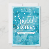 Blue Waterverf Hearts Sweet 16 verjaardagsfeestje Kaart (Voorkant)