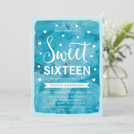 Blue Waterverf Hearts Sweet 16 verjaardagsfeestje Kaart (Staand voorkant)