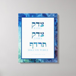 Blue Waterverf Hebrew Tzedek Justice Stretted Canvas Afdruk