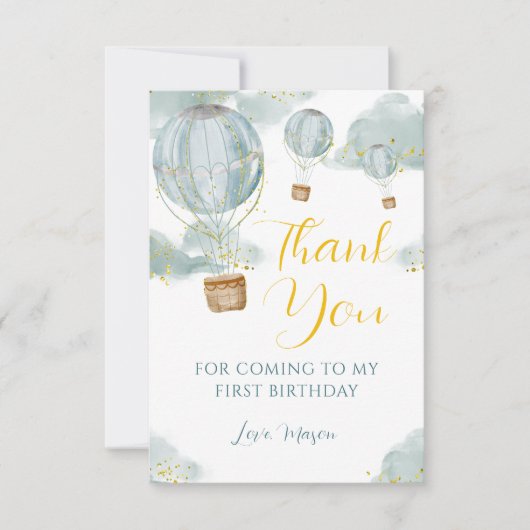 Blue Waterverf Hete Luchtballon Jongen Verjaardag Bedankkaart (Voorkant)