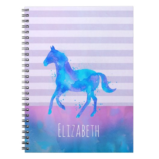 Blue Waterverf Horse Silhouette op Stripes Notitieboek (Voorkant)