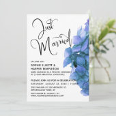 Blue Waterverf Hortensia Just Married Receptie Kaart (Staand voorkant)