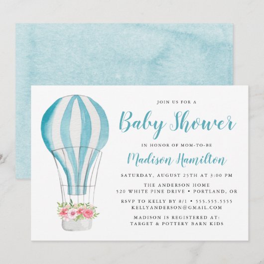 Blue Waterverf Hot Air Ballon Baby shower Kaart (Voorkant / Achterkant)