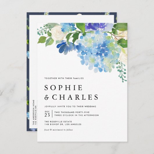 Blue Waterverf Hydrangea QR Code Wedding Uitnodiging Briefkaart (Voorkant / Achterkant)