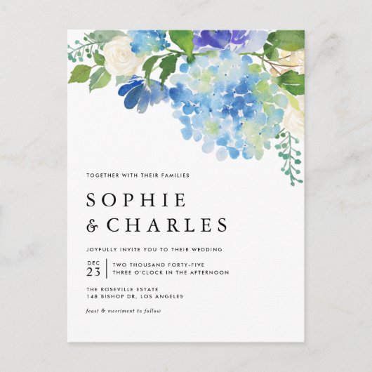 Blue Waterverf Hydrangea QR Code Wedding Uitnodiging Briefkaart (Voorkant)