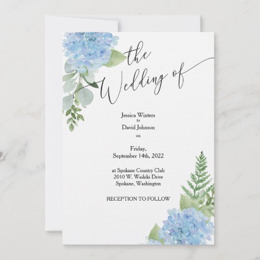 Blue Waterverf Hydrangea Wedding Invitation Kaart (Voorkant)