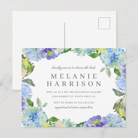 Blue Waterverf Hydrangea Wreated Vrijgezellenfeest Uitnodiging Briefkaart (Voorkant / Achterkant)