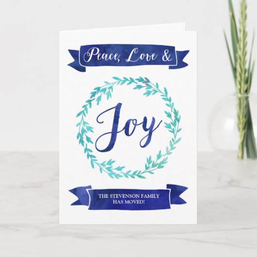 Blue Waterverf Krans Kerst Nieuw Adres Feestdagen Kaart (Voorkant)