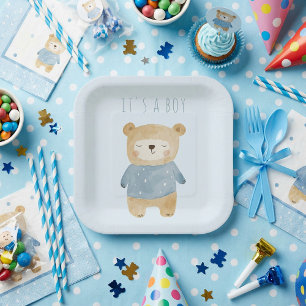 Blue Waterverf leuk beer het is een jongen Papieren Bordje