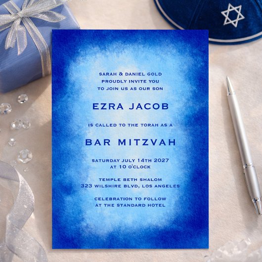 Blue Waterverf Lijst Custom Bar Bat Mitzvah Kaart