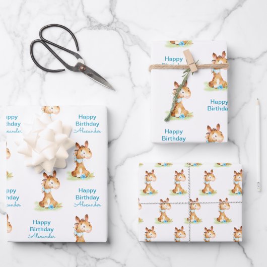 Blue Waterverf Little Horse Inpakpapier Vel (Voorkant)