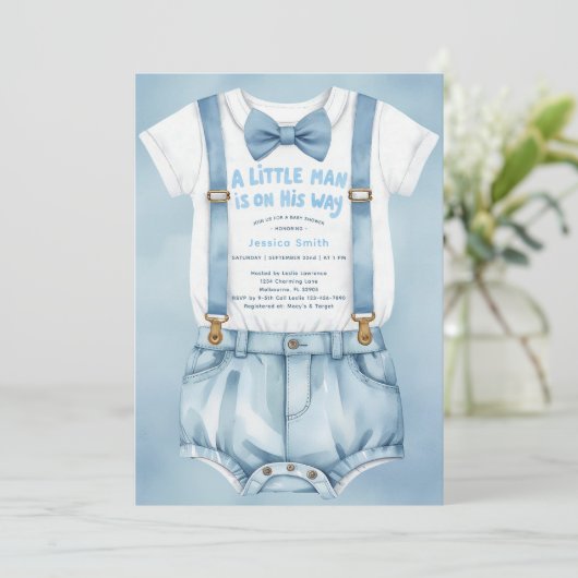 Blue Waterverf Little Man Baby shower Uitnodiging (Staand voorkant)