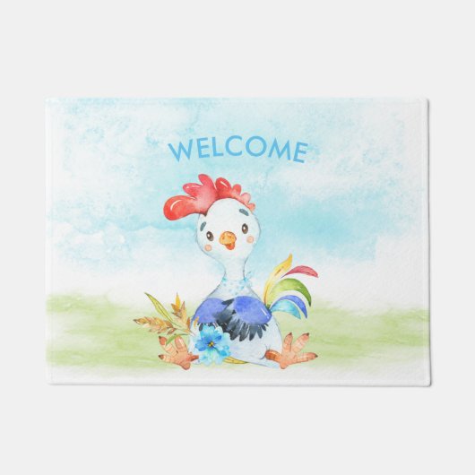 Blue Waterverf Little Rooster Deurmat (Voorkant)