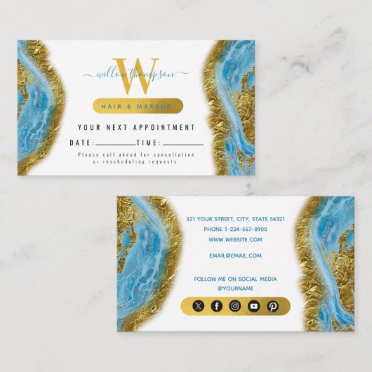 Blue Waterverf Marble Gold Foil Appointment Card Visitekaartje (Voorkant / Achterkant)