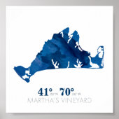 Blue Waterverf Martha's Vineyard Coordinates Poster (Voorkant)