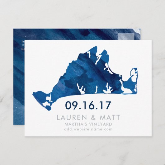 Blue Waterverf Martha's Vineyard Save the Date Aankondigingskaart (Voorkant / Achterkant)